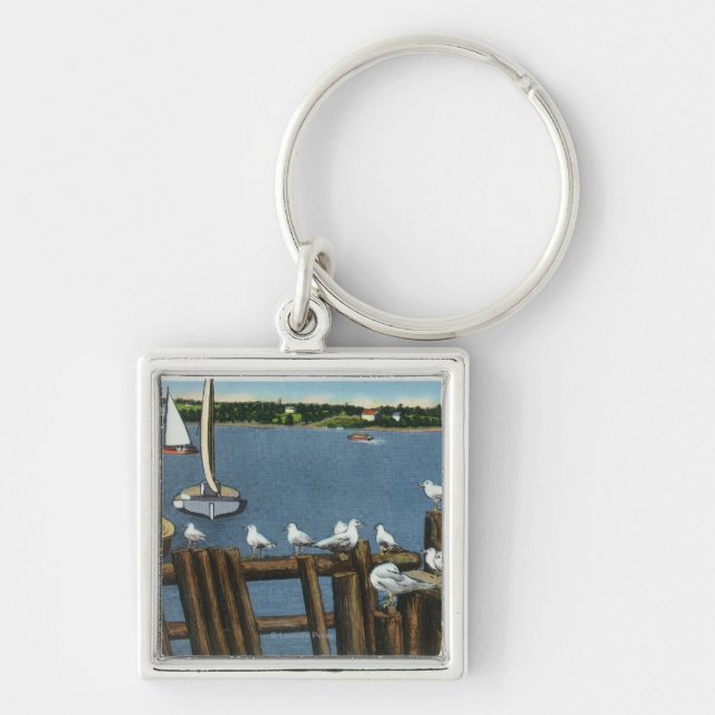 Sea Gulls and Sailboats Along the Waterfront Keychain (Front)