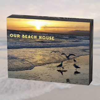 Sea gulls and Shorebirds at Sunset Our Beach House Wooden Box Sign