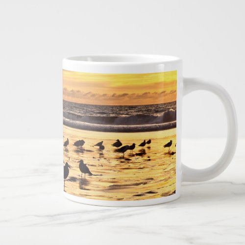 Sea Gulls On Beach At Sunset Giant Coffee Mug