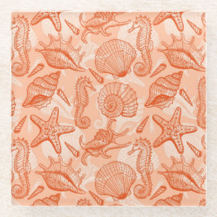 Sea hand drawn pattern glass coaster