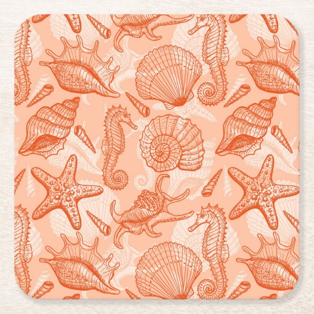 Sea hand drawn pattern square paper coaster (Front)