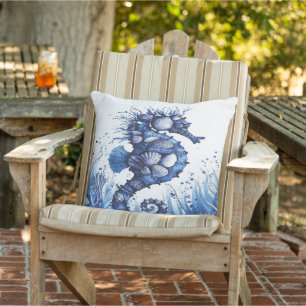 Sea Horse Boat Blue Modern Outdoor Pillow