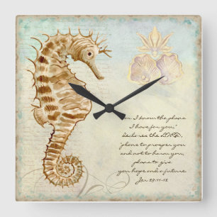 Sea Horse Coastal Beach - Christian Scripture Square Wall Clock