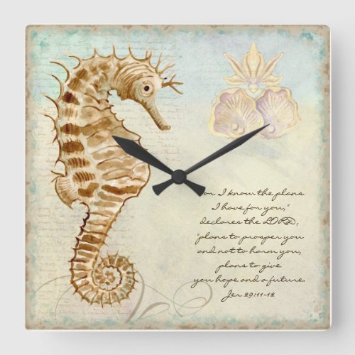 Sea Horse Coastal Beach _ Christian Scripture Square Wall Clock