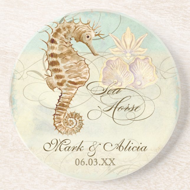 Sea Horse Coastal Beach - Personalized Wedding Coaster (Front)