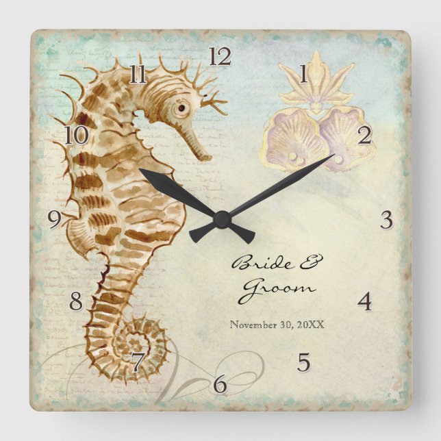 Sea Horse Coastal Beach Personalized Wedding Gift Square Wall Clock (Front)