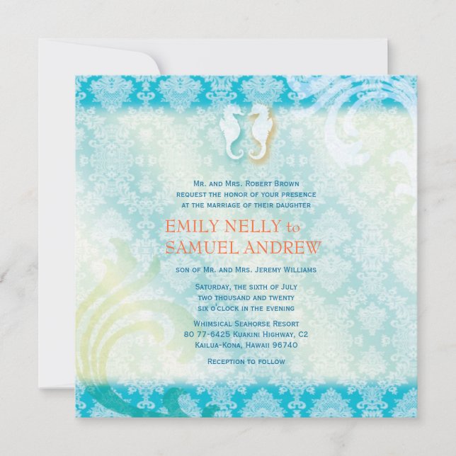 Sea Horse Couple Jeweled Damask Beach Wedding Invitation (Front)