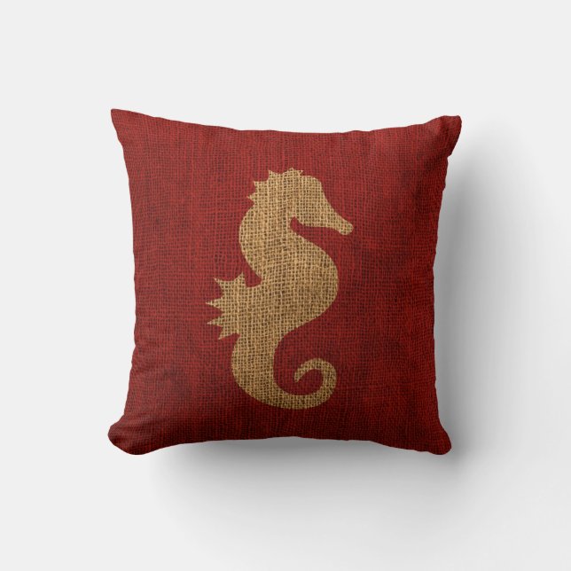 Sea Horse Nautical Rustic Red Throw Pillow (Front)