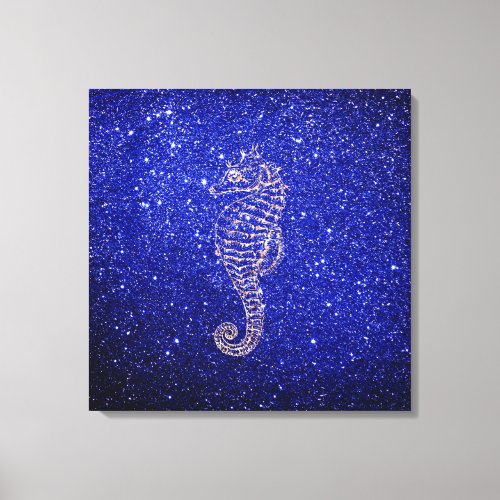 Sea Horse Ocean Life Rose Gold Cobalt Blue Glitter Canvas Print