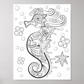 Sea Horse Under The Sea Adult Coloring Poster by chandraws at Zazzle