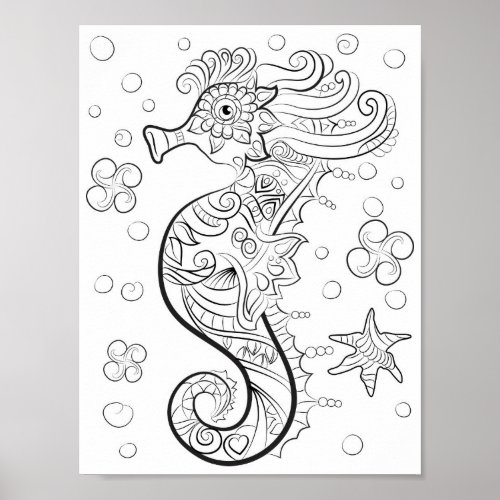 Sea Horse Under the Sea Adult Coloring Poster