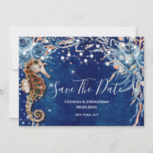 Sea horse watercolor shell beach ocean blue orange save the date