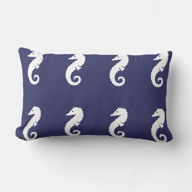 SEA HORSE  WHITE on  blue pillow (Front)