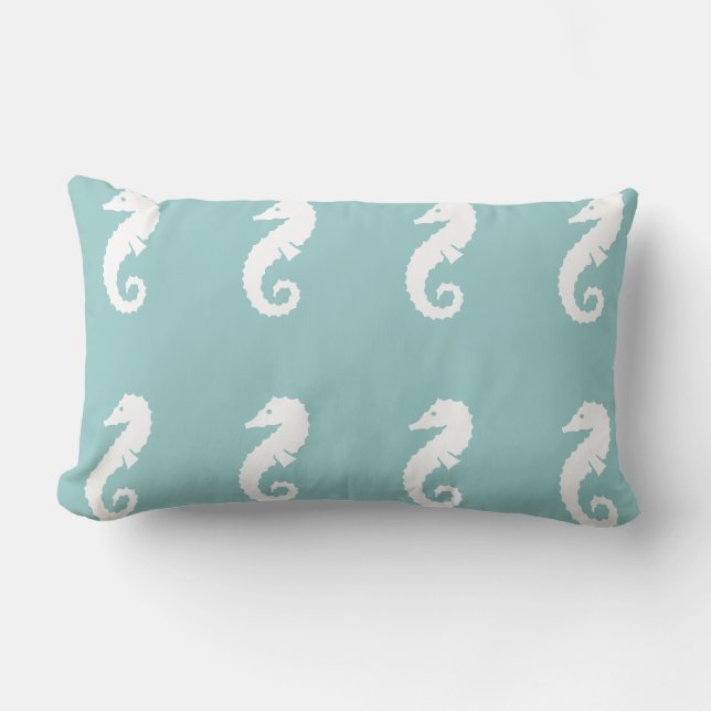 SEA HORSE  WHITE on LIGHT blue pillow (Front)