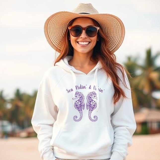 Sea Horses-Fisherman Core-Hawaiian Tropical-Purple Hoodie (Sea Horse-Fisherman Core-Hawaiian-Tropical-Beach Hoodie-Summer Trend-Purple)