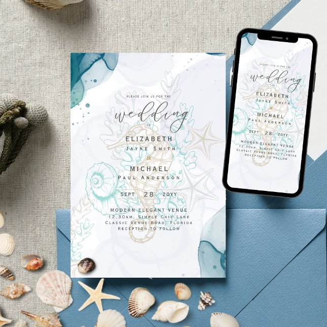Sea Horses Ocean Life Beach Teal Wedding Invitation (Creator Uploaded)