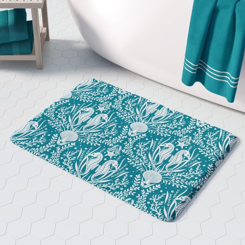 Sea Horses Teal Blue White Damask Ocean Pattern Bath Mat