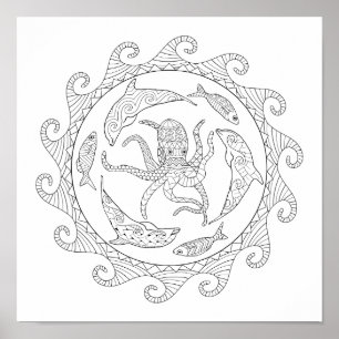 Sea Life Adult Coloring Poster