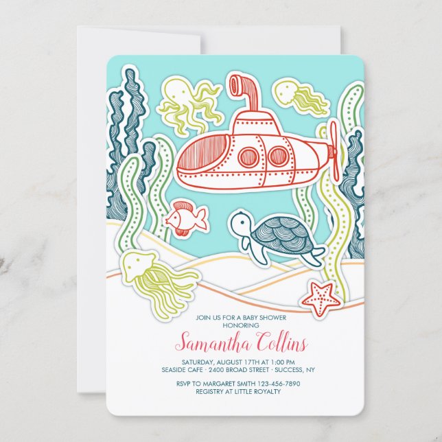 Sea Life and Submarine Baby Shower Invitation (Front)