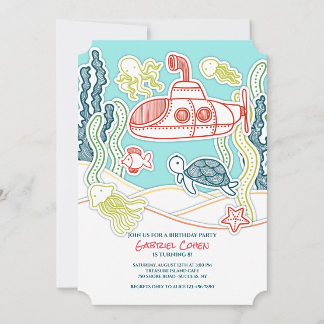 Sea Life and Submarine Birthday Party Invitation (Front)