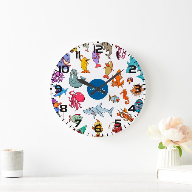 Sea Life Animals Colorful Ocean Characters Large Clock (Creator Uploaded)