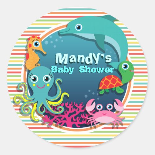 Sea Life Baby Shower Bright Rainbow Stripes Classic Round Sticker