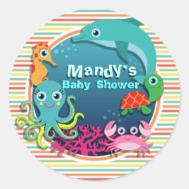 Sea Life Baby Shower, Bright Rainbow Stripes Classic Round Sticker (Front)