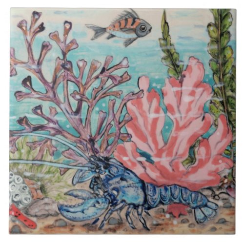 Sea Life Blue Lobster Pink Coral Beach Mural Pc4 Ceramic Tile