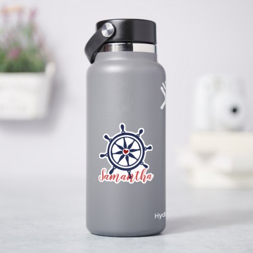 Sea Life Boat Wheel Navy Blue Red Name Sticker