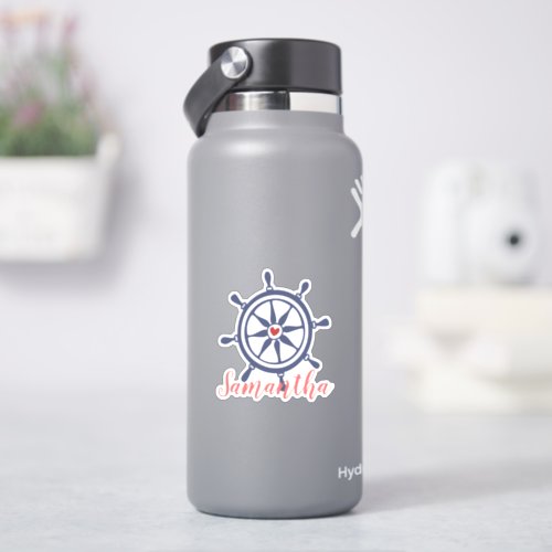 Sea Life Boat Wheel Navy Blue Red Name Sticker