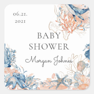 sea life coral Baby Shower monogram Square Sticker