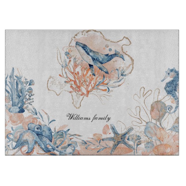 sea life coral monogram  cutting board (Front)