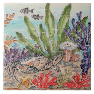 Sea Life Crab Fish Coral Anemone Ocean Mural Pc.#8 Ceramic Tile