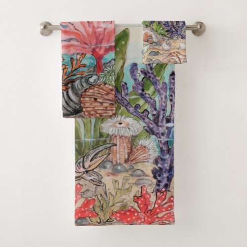 Sea Life Crab Octopus Shells Coral Ocean Beach  Bath Towel Set