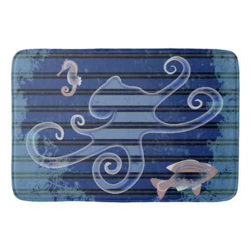 Sea Life Deep Blue Stripe Underwater Collage Bath Mat