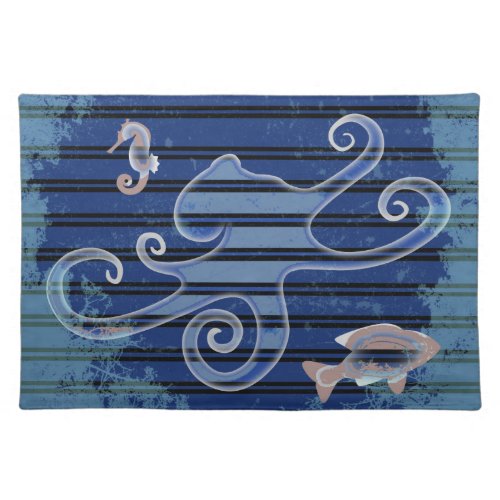 Sea Life Deep Blue Stripe Underwater Collage Cloth Placemat