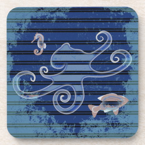 Sea Life Deep Blue Stripe Underwater Collage Drink Coaster