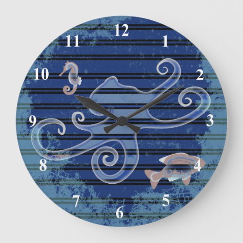Sea Life Deep Blue Stripe Underwater Collage Large Clock