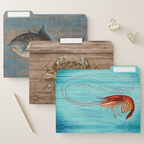 Sea Life Distressed Wood Grain Fish Crab Shrimp File Folder