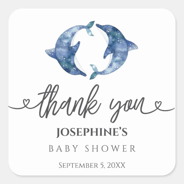 Sea Life Dolphin Twins Baby Shower Favor Square Sticker (Front)