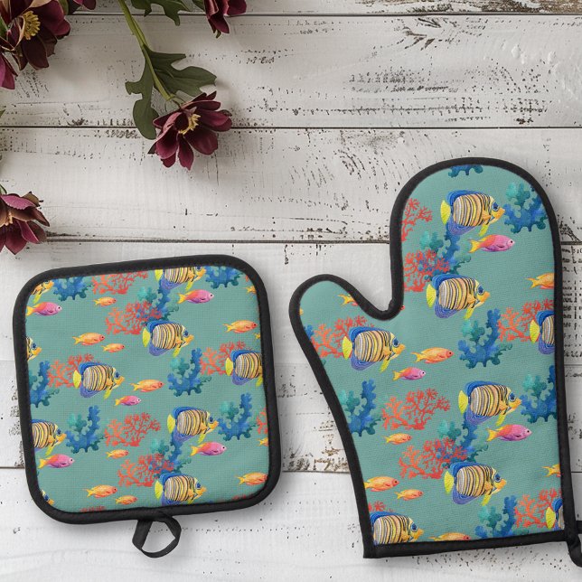 Sea Life Fish Ocean Beach house Oven Mitt & Pot Holder Set (Creator Uploaded)