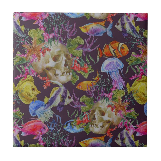 Sea Life Grunge Pattern Ceramic Tile (Front)