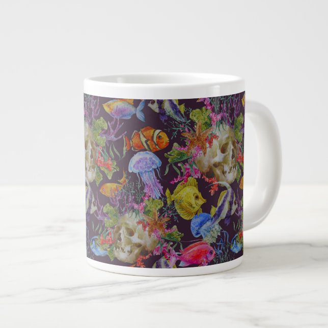 Sea Life Grunge Pattern Large Coffee Mug (Front Right)