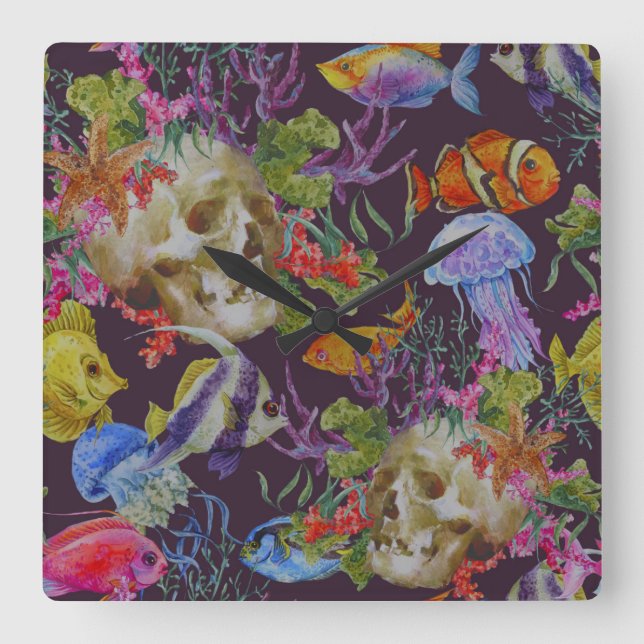 Sea Life Grunge Pattern Square Wall Clock (Front)