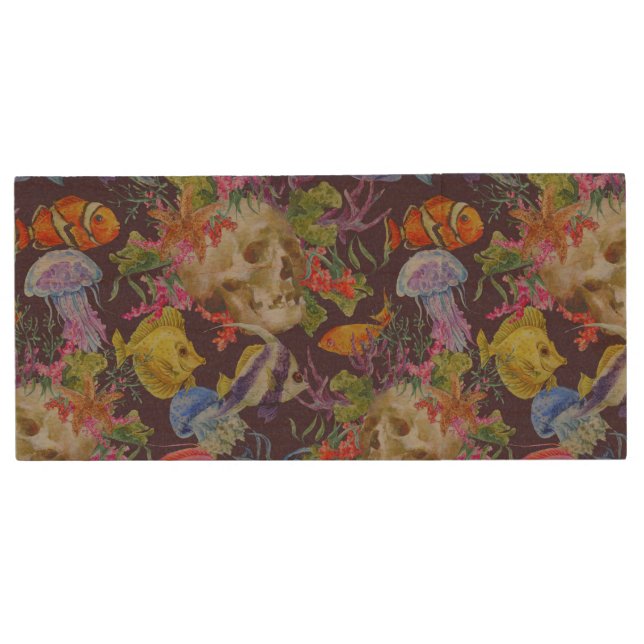 Sea Life Grunge Pattern Wood Flash Drive (Front)