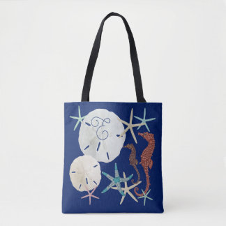 Sea Life Monogrammed Navy Blue Tote Bag