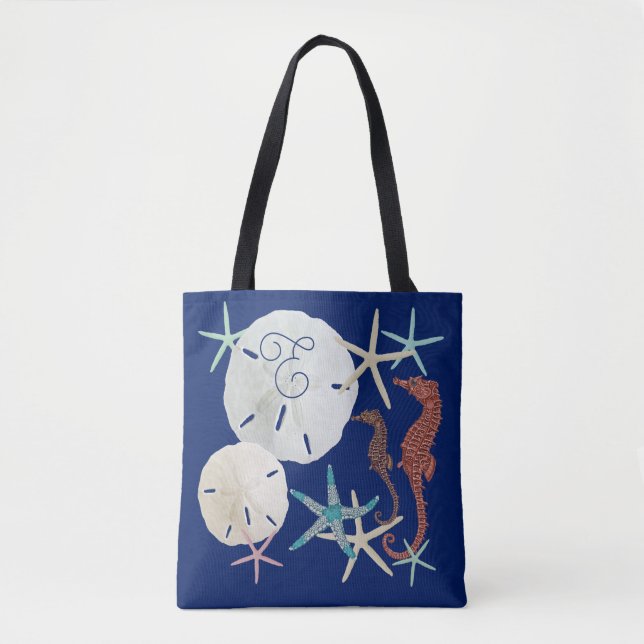 Sea Life Monogrammed Navy Blue Tote Bag (Front)