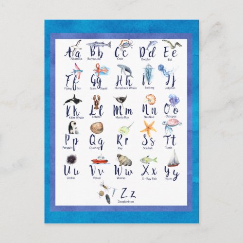 Sea Life Ocean Animals Alphabet Watercolor Postcard