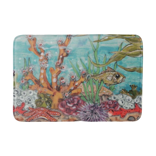 Sea Life Ocean Coral Fish Starfish Watercolor Aqua Bath Mat (Front)