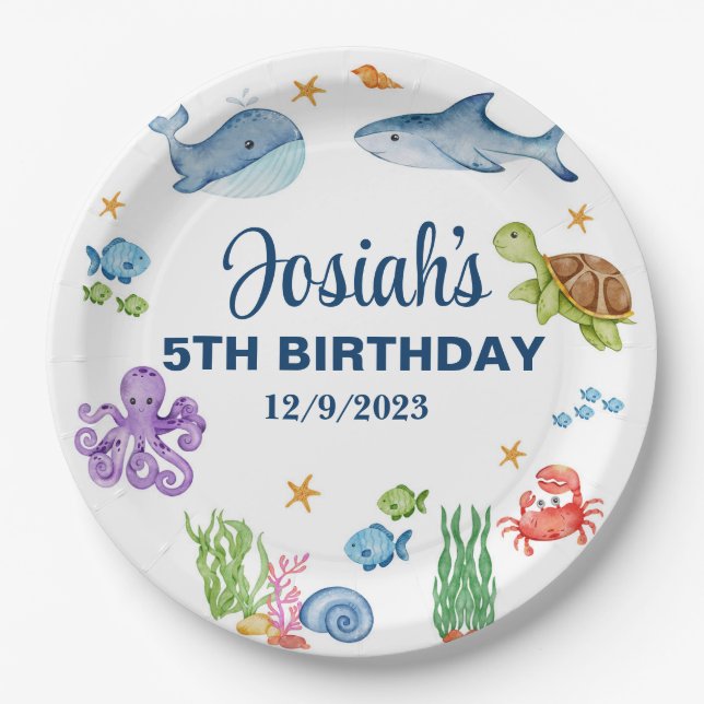 Sea life, ocean life boy birthday paper plates. plates (Front)